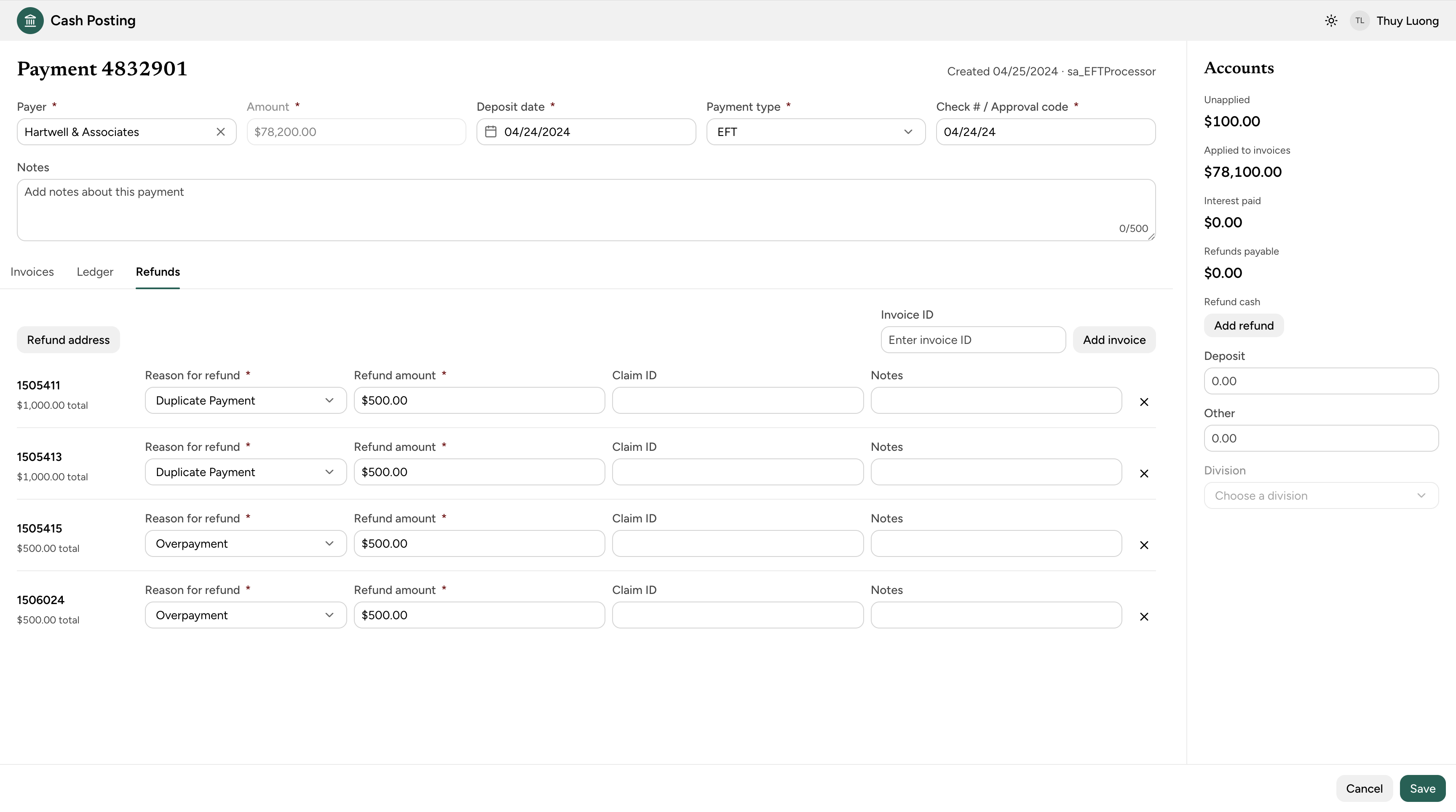 Payment screen with a Refunds tab listing each invoice's refund reason, amount, claim ID and notes