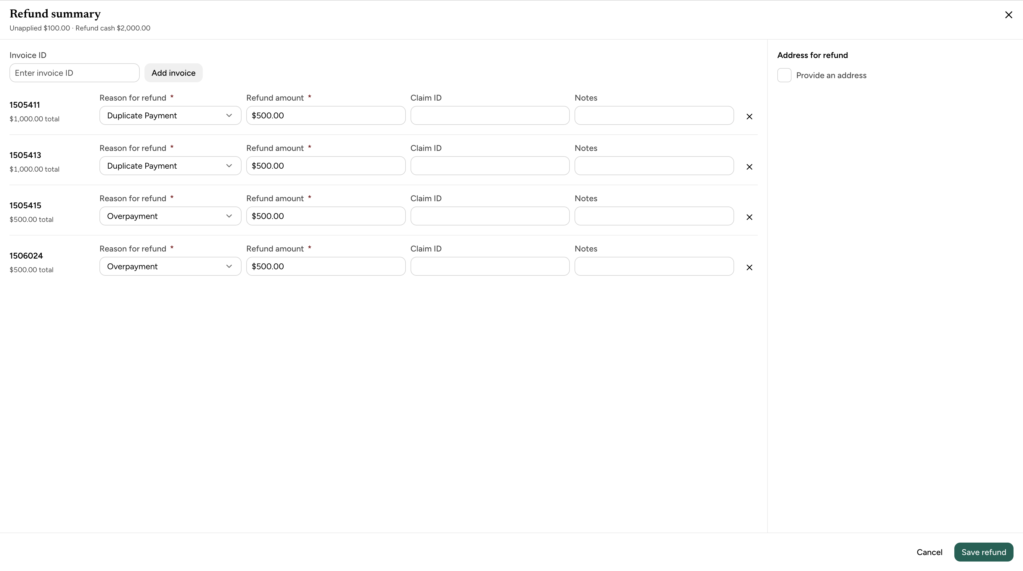 Refund summary dialog listing each invoice's refund reason, amount, claim ID and notes, with an address for the refund