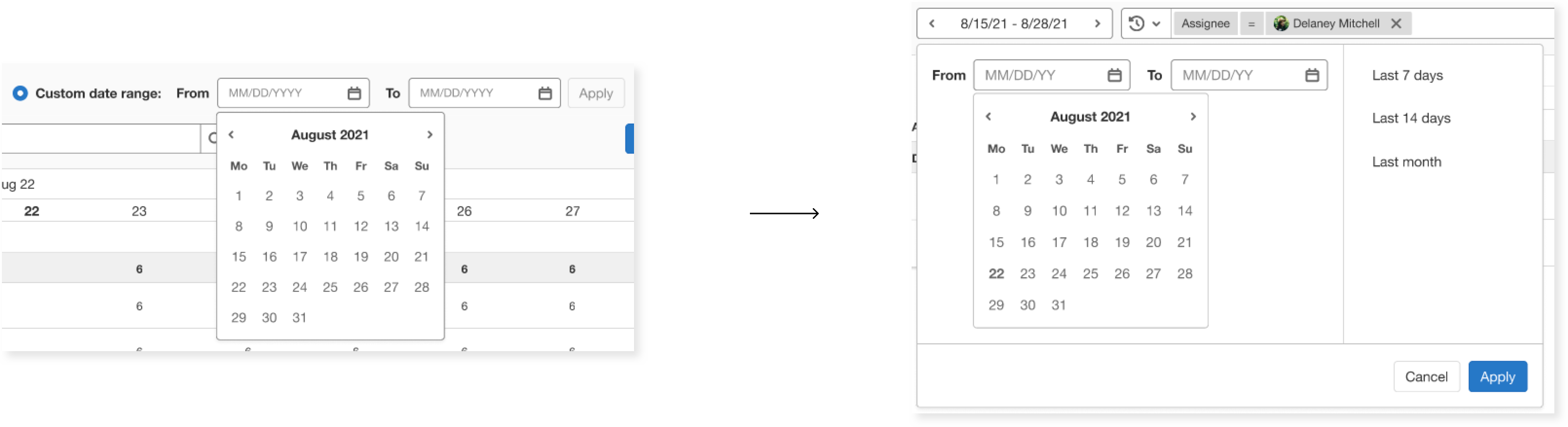 Before and after design of the revised date picker.